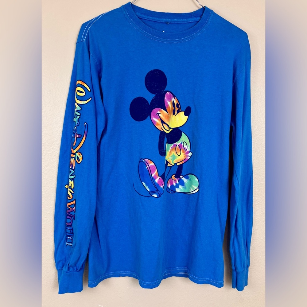 Disney Mickey Vibrant Blue Long Sleeve Tee Small Tie Dye Mickey